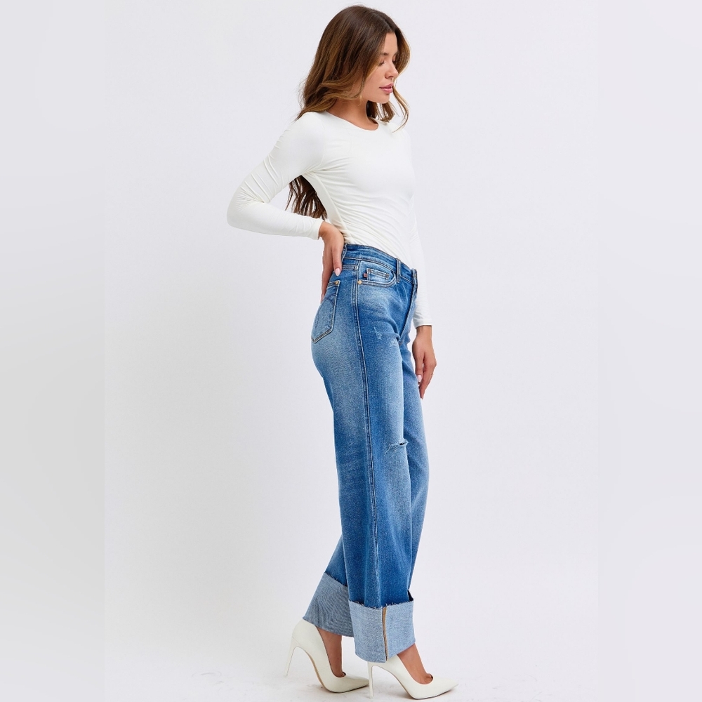 Judy Blue High-Rise Torn Boyfriend Jeans Ultra Wide Leg Cuff Raw Hem Denim Pants - Picture 6 of 16